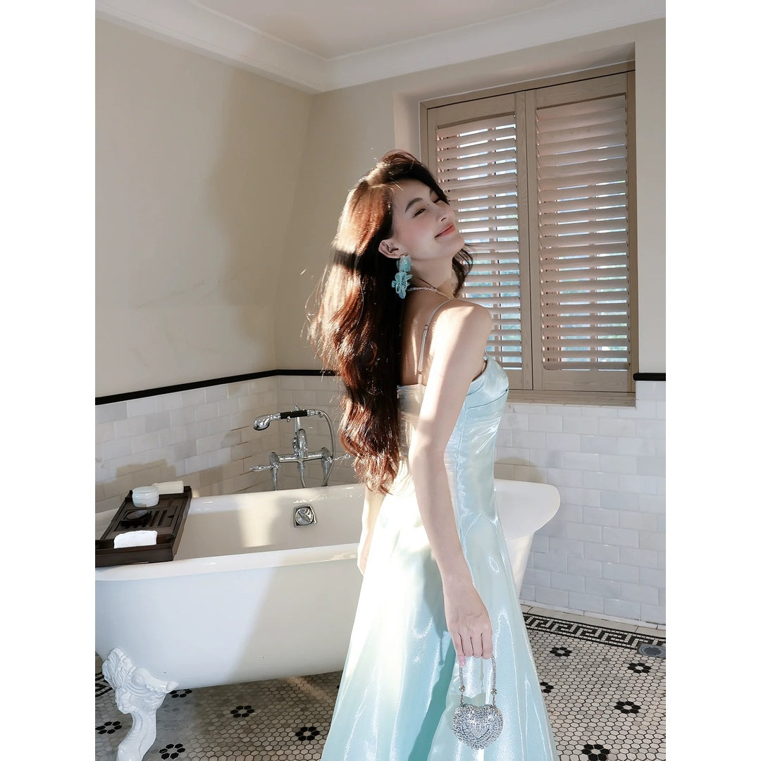 French Blue Spaghetti Strap Fitted Waist Flared Gown Dress