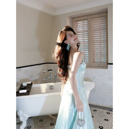 French Blue Spaghetti Strap Fitted Waist Flared Gown Dress