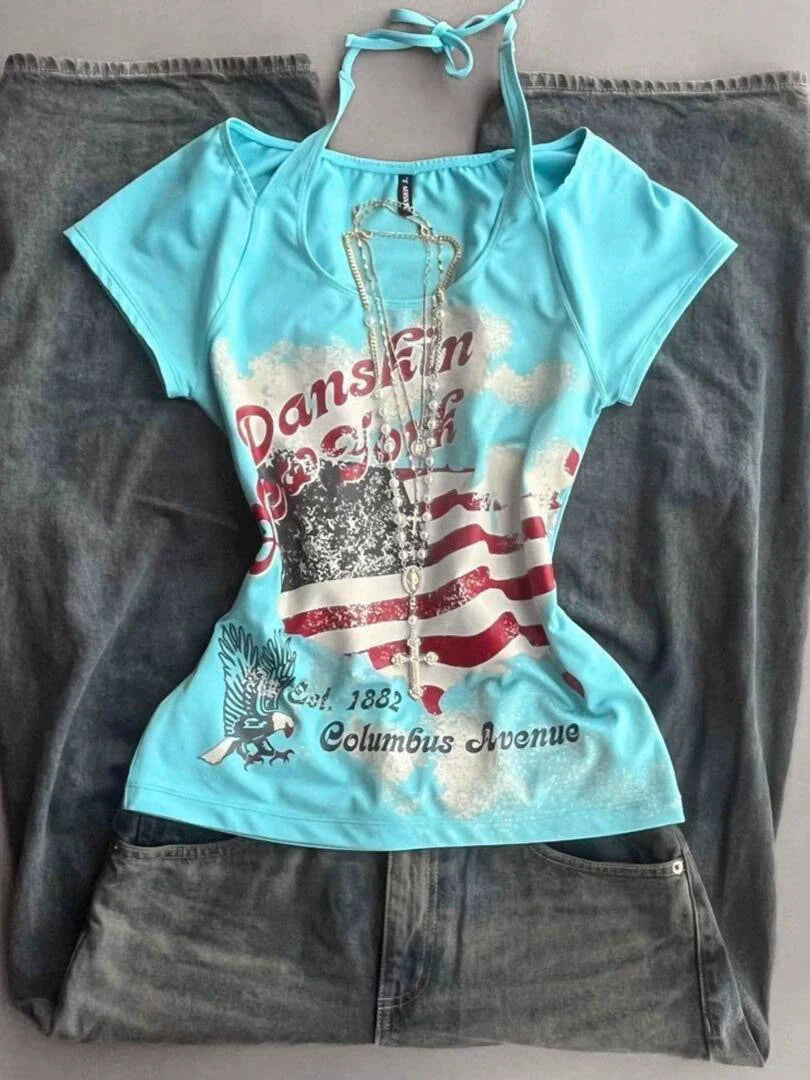 Blue Eagle Halter Subculture Y2K E-girl Abi American Retro Vintage Light Subculture Short Sleeve Top