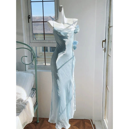 Moonlight Flower Elegant Double Layer Slit Spaghetti Strap Gown Dress