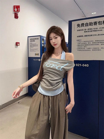 Light Gray Fake Two-Piece Halter Subculture Y2K E-girl Abi American Retro Letter Print Short Sleeve Top