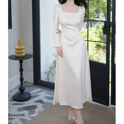 French Satin Square Neck A-Line Long Sleeve Gown Dress