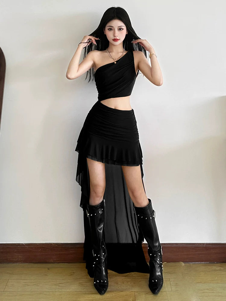 Bold Trendy Niche Off-The-Shoulder Cutout Waist Slimming Asymmetrical Dress