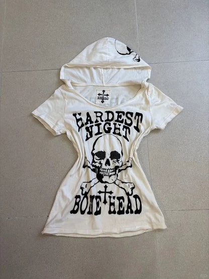 White Subculture Punk Y2K E-girl Abi American Retro Skull Print Short Sleeve Top