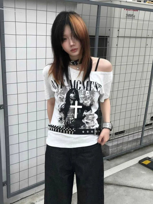White Off-Shoulder Subculture Punk Y2K E-girl Light Subculture American Retro Off-Shoulder Short Sleeve Top