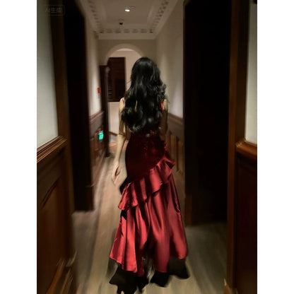 French Satin Red Ruffle Birthday Gown Dress