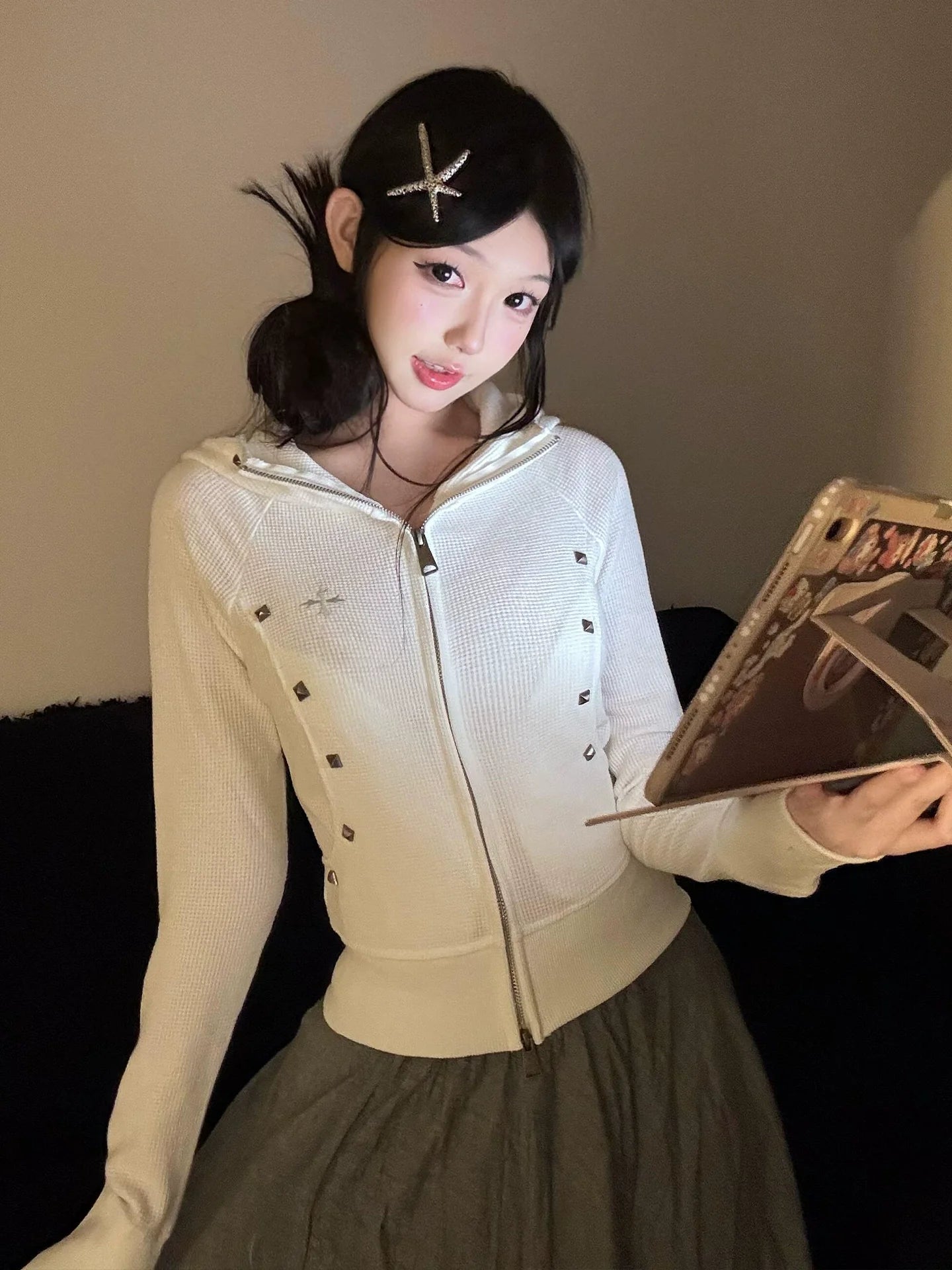 American Cross Embroidered Hoodie Jacket 2025 Early Autumn Zip-Up Fitted Outerwear