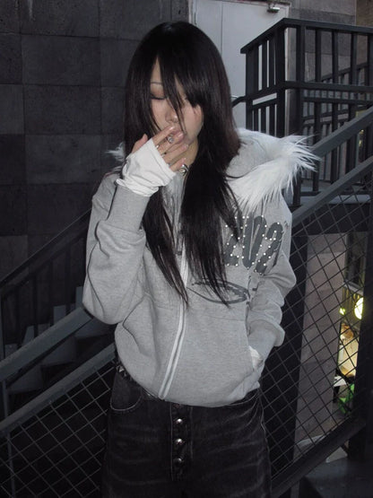 Y2K Visual Kei Fur-Lined Hoodie Autumn-Winter Heavyweight Short Zip-Up Pullover
