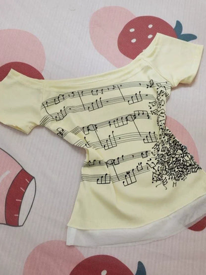 Apricot Vintage Off-The-Shoulder Print Y2K T-Shirt