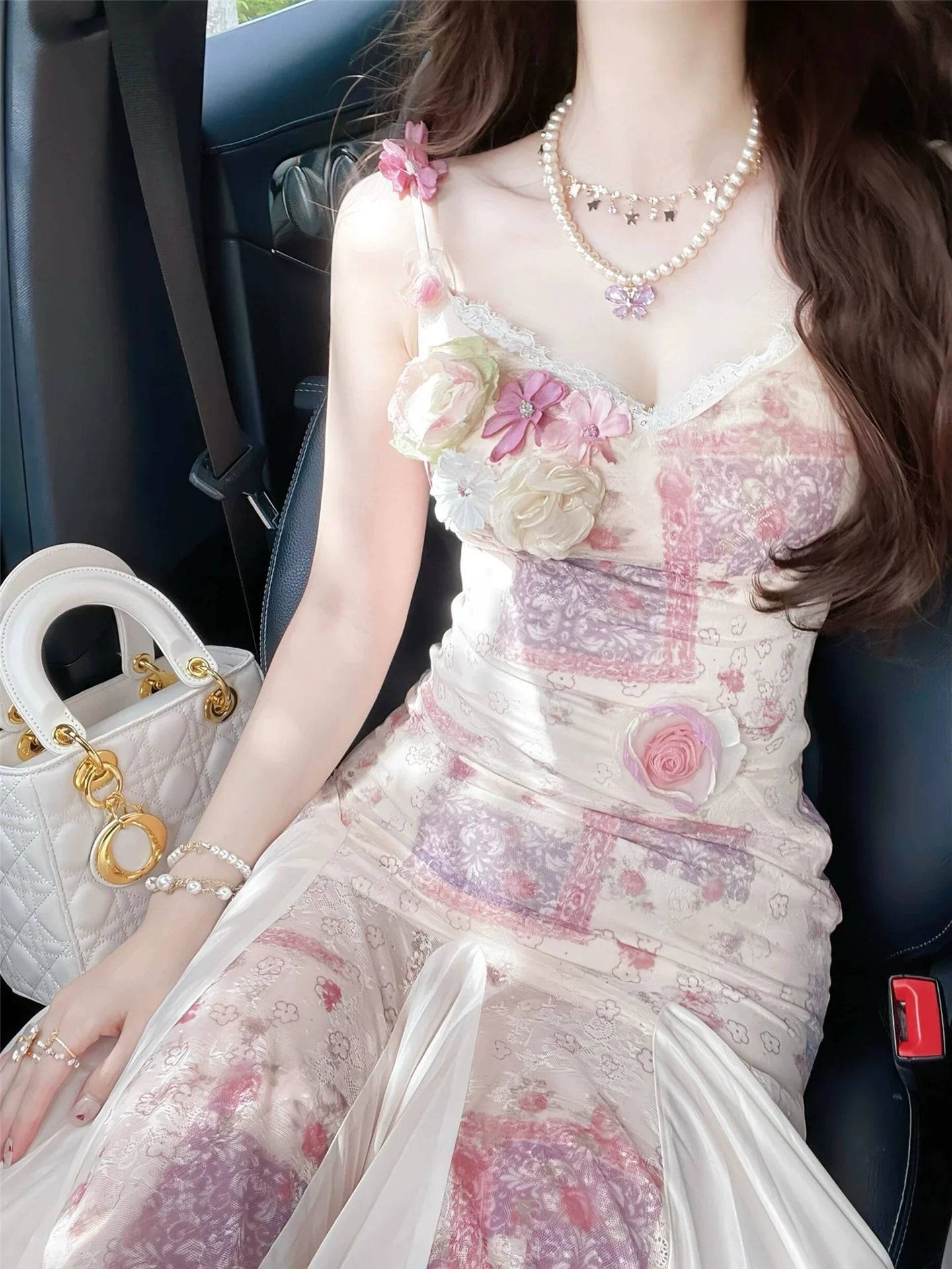 3D Flower Tulle Slip Dress for Beach Vacation