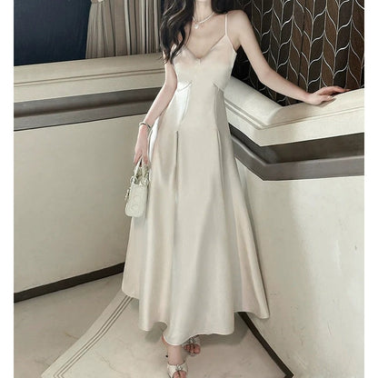 French Satin Spaghetti Strap Engagement Birthday Gown Dress