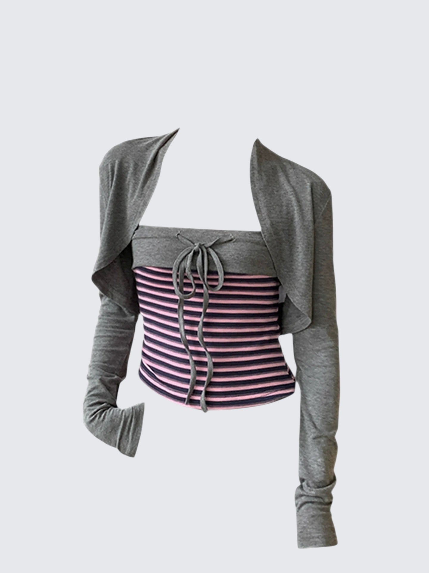 Gray Striped Knit Cardigan Set