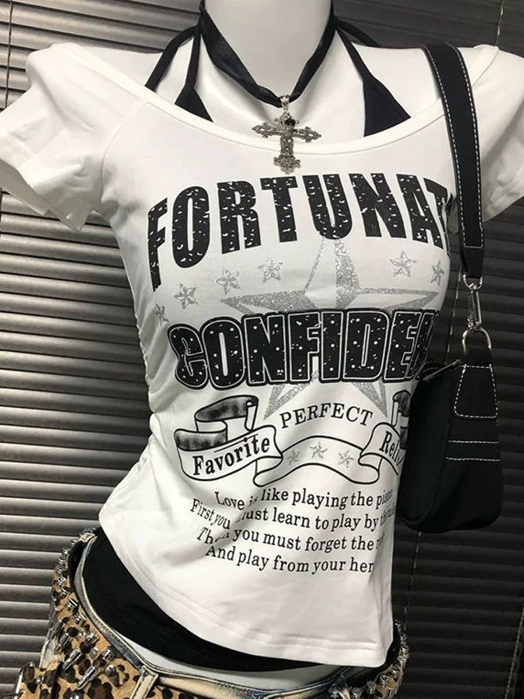 White Letter & Star Fake Two-Piece Tie Rock Punk Y2K T-Shirt