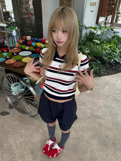 Navy Tailored High Waist Shorts Summer Loose Pants