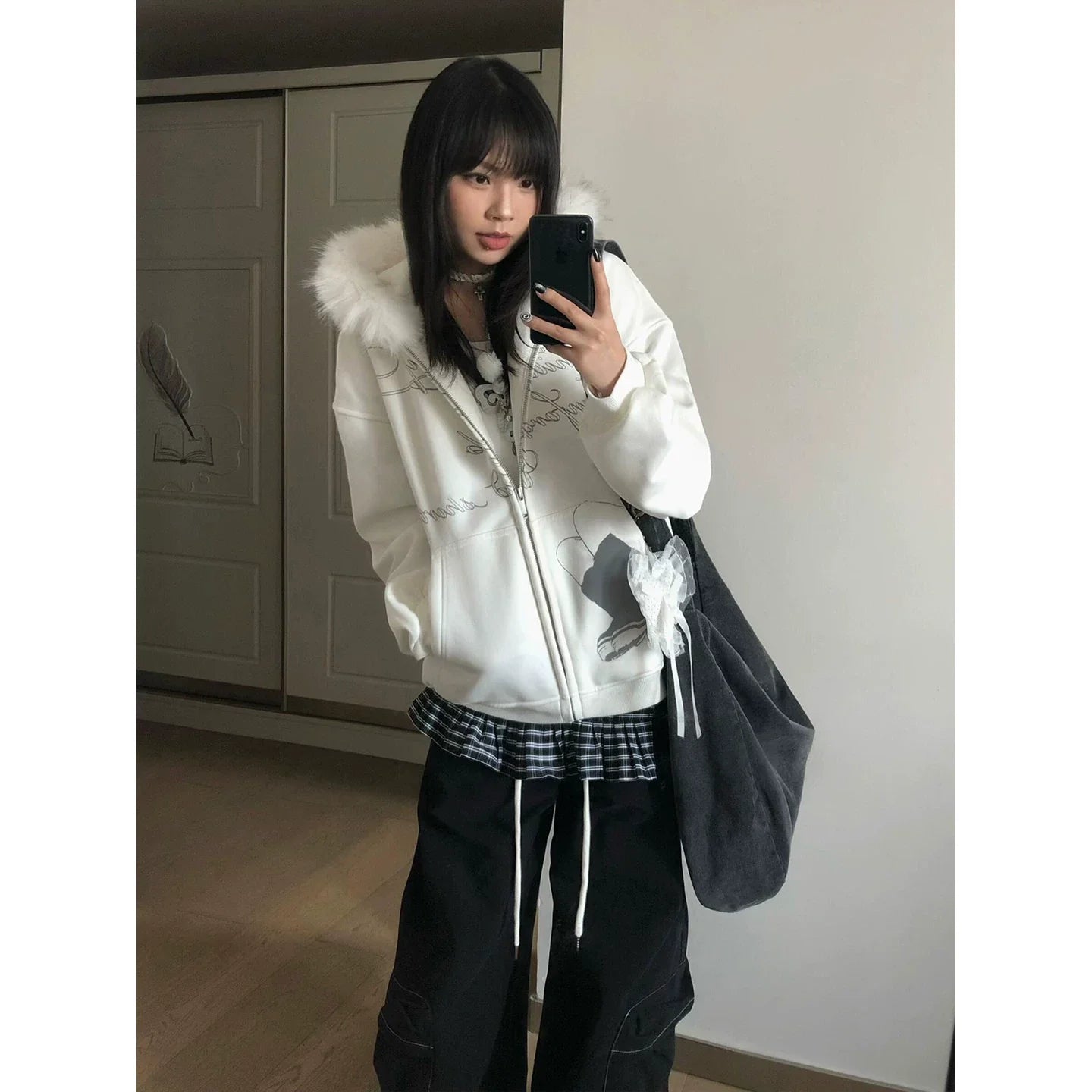 Y2K Faux Fur Collar Hoodie