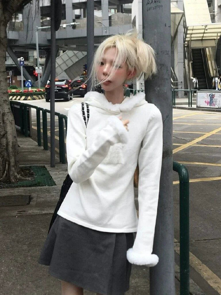 White Plush [German Velvet Warm] Subculture Y2K E-girl Abi American Retro Light Subculture Hooded Sweatshirt
