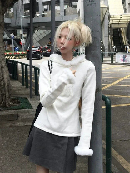 White Plush [German Velvet Warm] Subculture Y2K E-girl Abi American Retro Light Subculture Hooded Sweatshirt