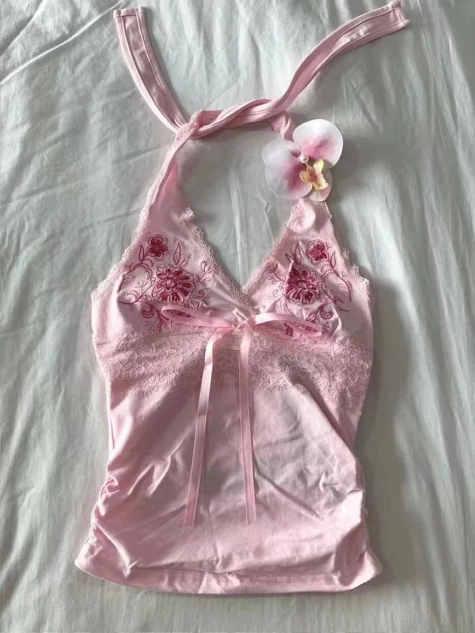 Pink Subculture Y2K E-girl Abi American Retro Embroidery Halter Tank Top