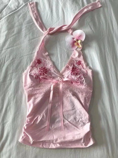 Pink Subculture Y2K E-girl Abi American Retro Embroidery Halter Tank Top
