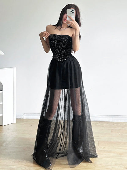 Luxurious Sequin Tube Top Mesh-Paneled Midi Dress