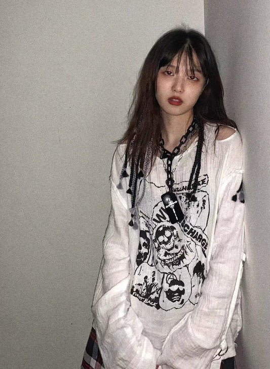 Black & White Straitjacket-Inspired Punk Y2K E-girl Off-Shoulder Skull Print Oversized Long Sleeve Top