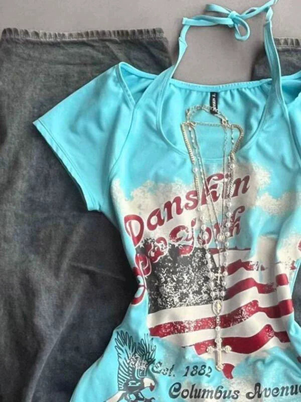 Blue Eagle Halter Subculture Y2K E-girl Abi American Retro Vintage Light Subculture Short Sleeve Top