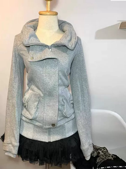 Gray Subculture Y2K E-girl Vintage Retro Collared Hoodie Autumn/Winter Slim Sport Yoga Jacket