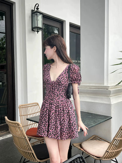 Purple Floral V-Neck Smocked Bubble-Sleeve Mini Dress