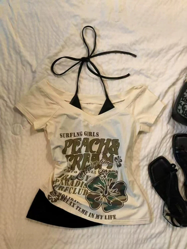 Apricot Subculture Y2K E-girl Abi American Retro V-neck Fake Two-Piece Short Sleeve Top