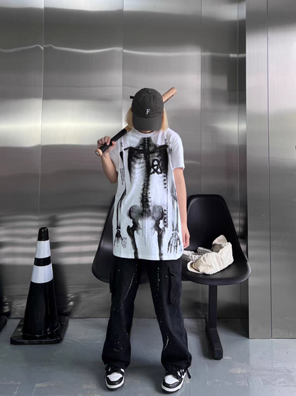 Human Skeleton Punk Bone Print Oversized Mid-Length Y2K T-Shirt