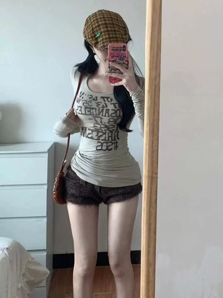 Light Khaki Graphic Print Square Neck Y2K T-Shirt