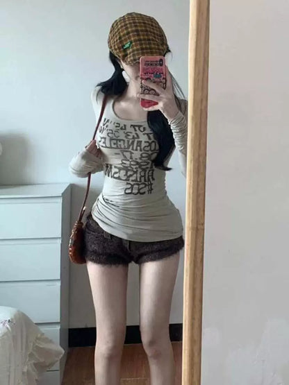 Light Khaki Graphic Print Square Neck Y2K T-Shirt