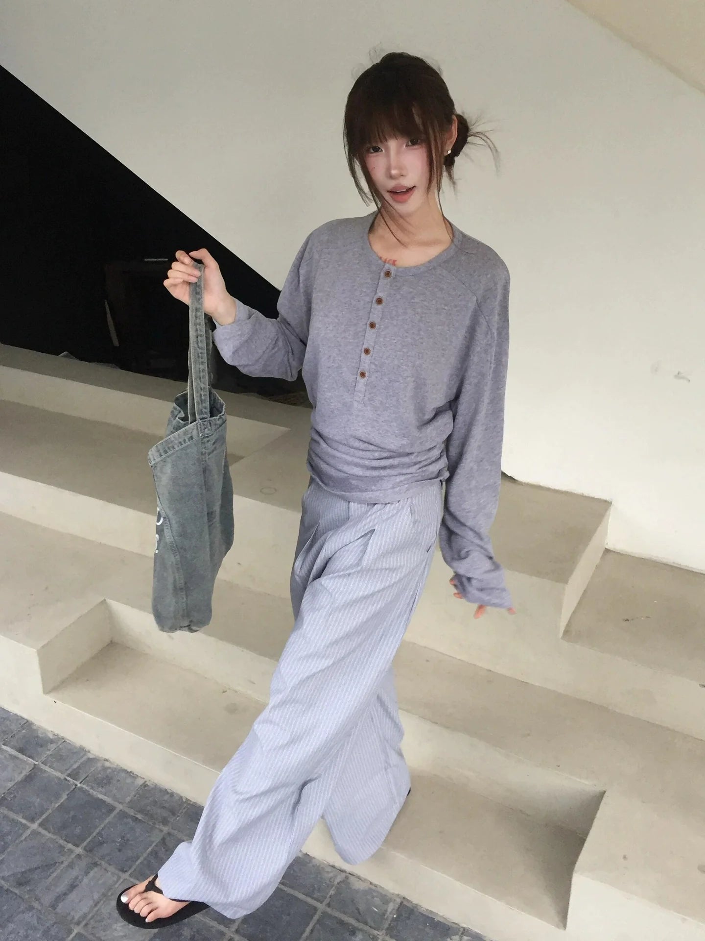 Vintage Linen Henley Long Sleeve Top