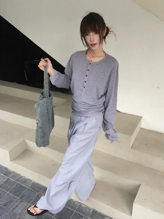 Vintage Linen Henley Long Sleeve Top