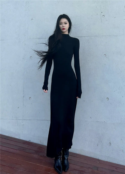 Black Mock-Neck Backless Bodycon Midi Dress for Fall