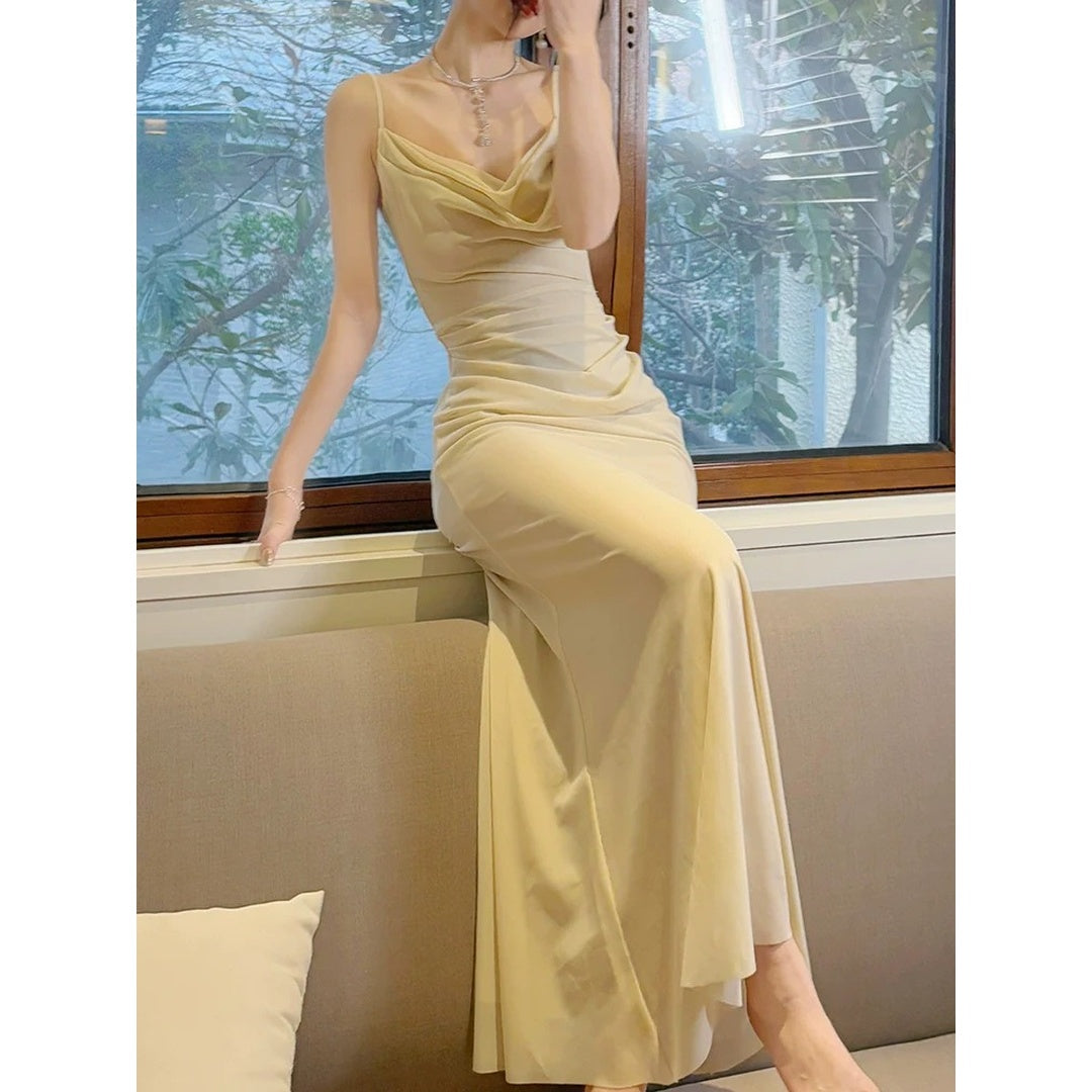 French Draped Mermaid Spaghetti Strap Gown Dress