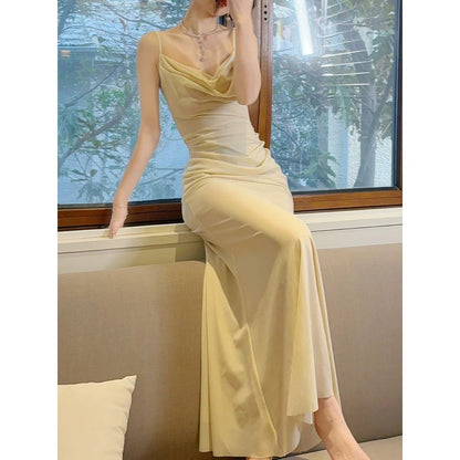 French Draped Mermaid Spaghetti Strap Gown Dress