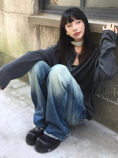 Cleanfit Henley Long Sleeve Tee Early Autumn Loose Comfortable Base Top