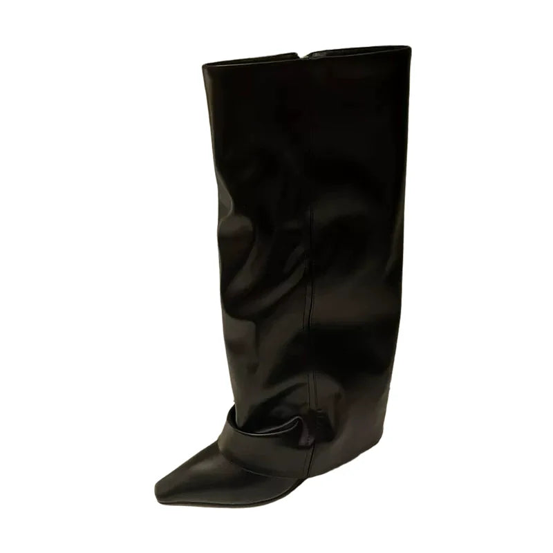 Wedge Trouser Boots High Heel Knee High Women European Spicy Girl Pointed Toe Black Patent Leather Trouser Boots