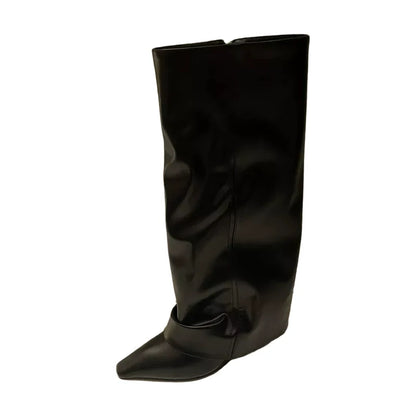Wedge Trouser Boots High Heel Knee High Women European Spicy Girl Pointed Toe Black Patent Leather Trouser Boots