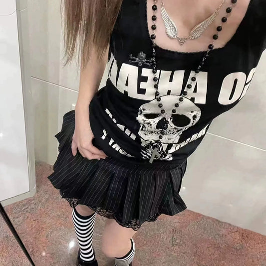 Black Skull Vest Subculture Gothic Punk Y2K E-girl Skull & Rose Print Sleeveless Design Top