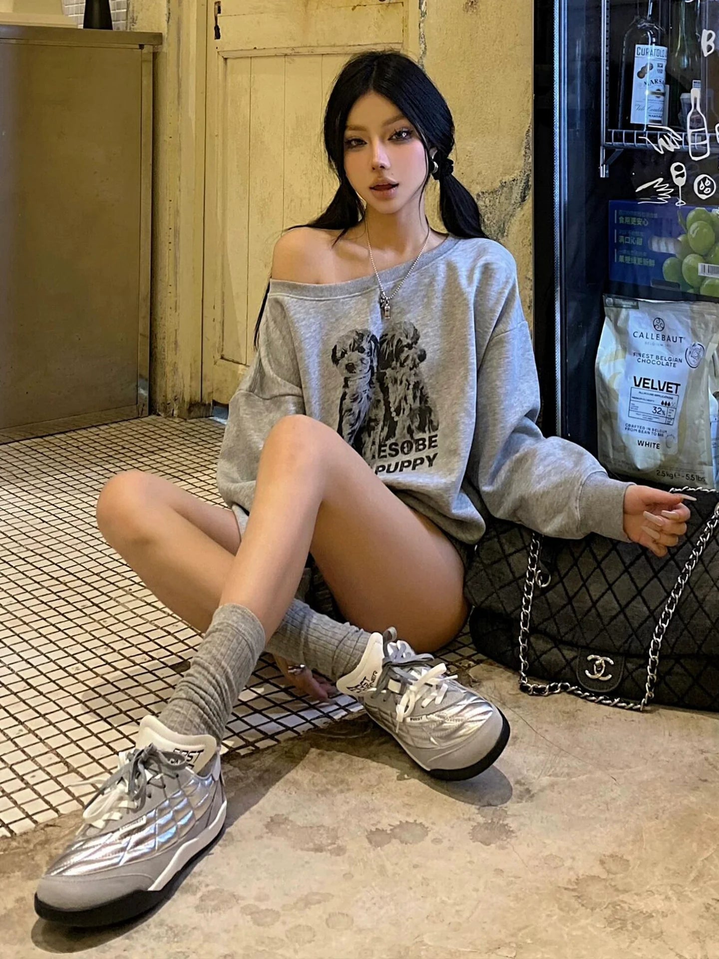 American Hot-Girl Gray Off-Shoulder Sweatshirt Dog Print Long Sleeve