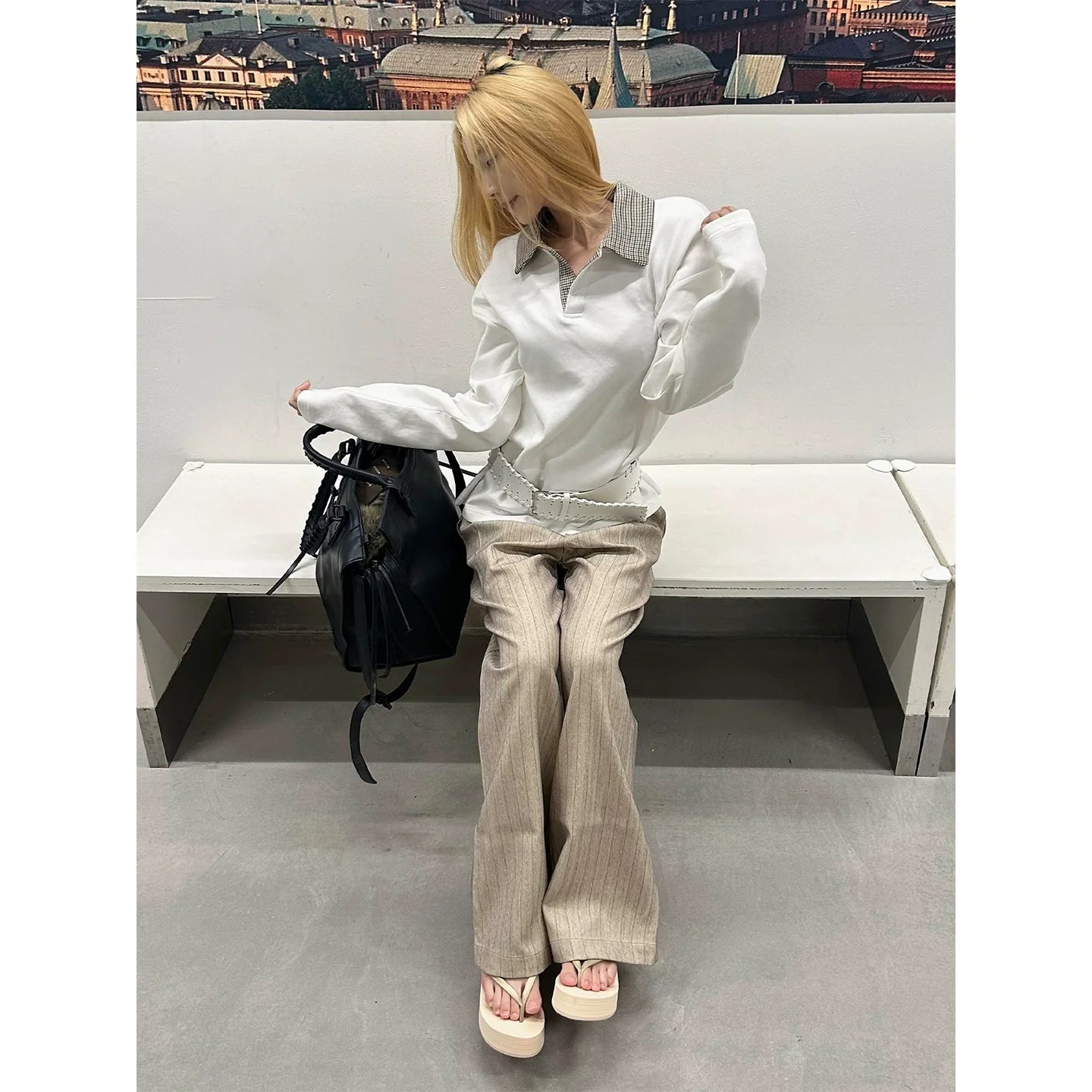 Houndstooth Polo Long Sleeve Tee Old Money Textured Air Layer Top