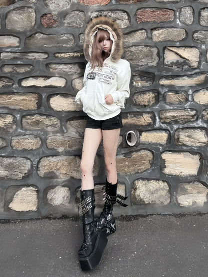 Y2K Floral Fur Collar Hoodie Zip-Up for Autumn Winter