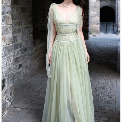 French V-Neck Green Chiffon Resort Gown Dress