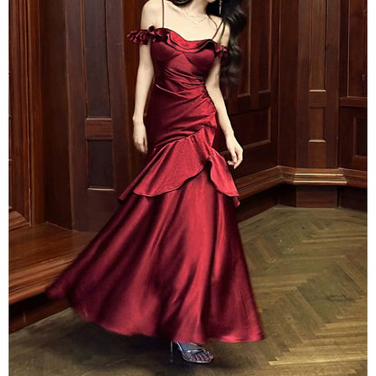 French Satin Off Shoulder Red Ruffle Gown Dress