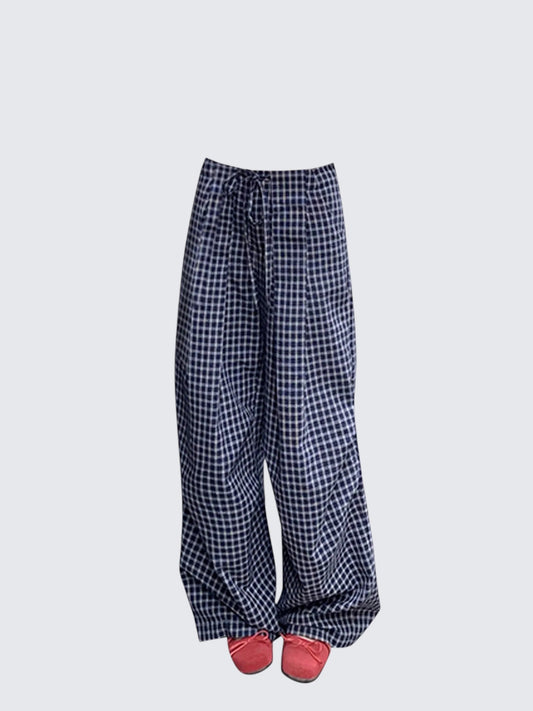 American Textured Blue Plaid Wide Leg Pants