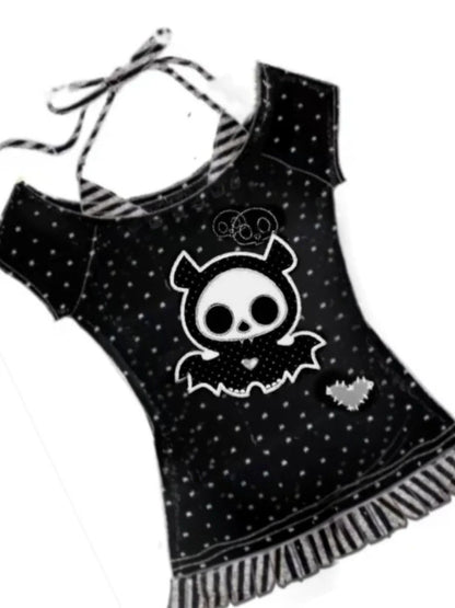 Skull & Flower Fake Two-Piece Subculture Y2K E-girl Shibuya Girl Abi American Retro One-Shoulder Short Sleeve Top