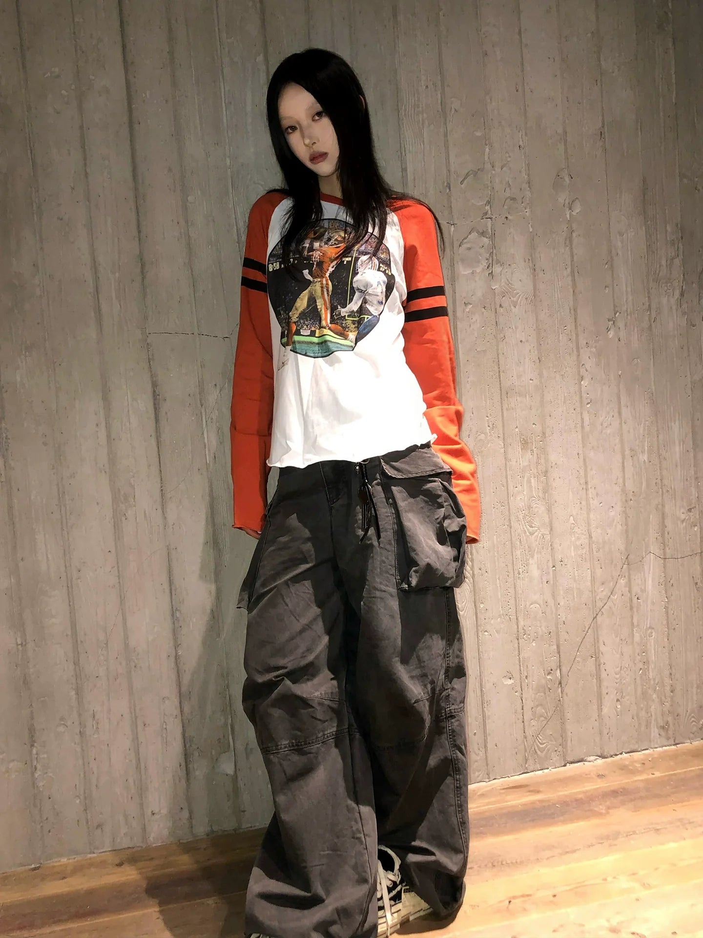 Retro White and Orange Color Block Raglan Long Sleeve Top