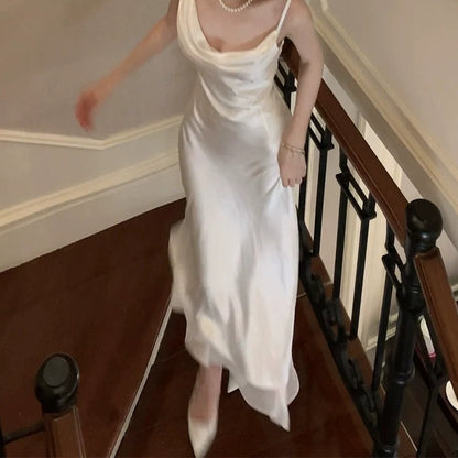 French Draped Satin Gown Dress – White Elegant Evening Dress
